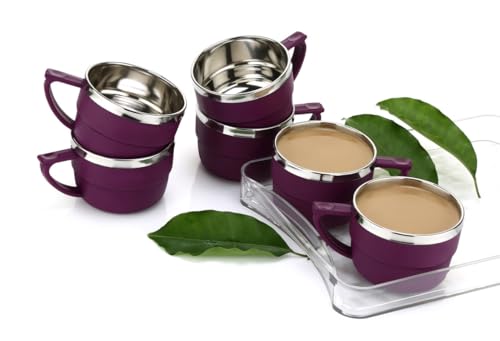 Image of HAPPI Tea Cups Set Coffee Mug Insulated Stainless Steel Inner Stylist Double Wall Cup for Home Office Restaurant Use Tea Mugs Set of 6 (Purple)