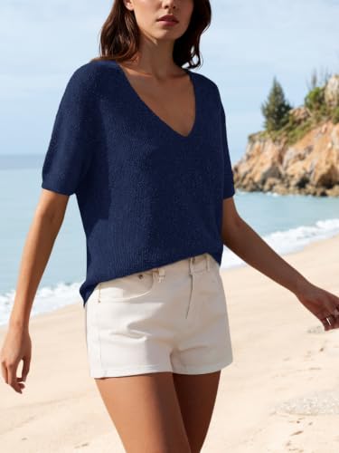 Image of Saodimallsu Womens Short Sleeve Sweater Summer V Neck Casual Tops Lightweight Loose Knit Pullover Shirts