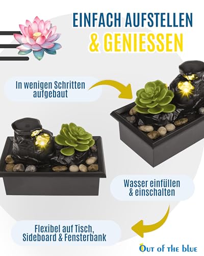 Out of the Blue Zimmerbrunnen mit LED, künstlicher Sukkulente & Dekosteinen – Mini-Brunnen mit sanftem Wasserlauf – Boho-Deko für Wohnzimmer, Büro & Ruhebereiche