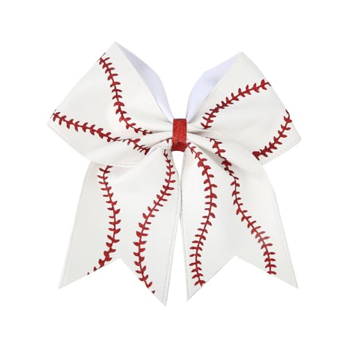 Softball Hair Bows for Girls Glitter Leather Cheer Bow Elastic Baseball Softball Hair Ties Headband Ponytail Holder Ribbon Accessories for Women Athletes (White & Red)