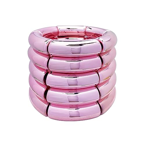 FUNOJOY Summer Bangles Bracelets for Women Chunky Curved Stackable Bracelets Acrylic Beaded Stretch Bracelets for Teen Girls Gift