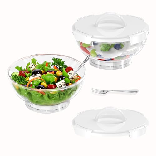 MANO 2pack Large Iced Salad Bowl with Lid and Utensils to Go Ice Chilled Food Serving Containers with Handles for Fruit Veggie Storage for Fridge Refrigerator Party Camping, Picnic, White