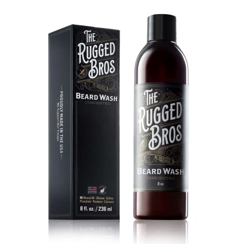 The Rugged Bros Beard Wash Unscented : for Face and Beards - Natural Shampoo Made with Organic Aloe Vera Leaf Juice - Cleanses Facial Oil and Dirt While Softening and Moisturizing - Large 8 Oz