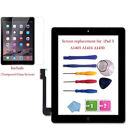 for iPad 3 Glass Touch Screen Digitizer Replacement Kit Black A1403 A1416 A1430 with Home Button Flex, Adhesive Tape, Midframe Bezel, Screen Protector, Instruction Manual，and Repair Toolkit