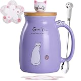 Disoza Katze Tasse mit Deckel Cat Mug Kaffeetasse Katzen Geschenk Keramik Teetasse mit Löffel & Untersetzer Tee Kaffee Weihnachten Becher Geburtstagsgeschenk für Frau Freundin Kinder