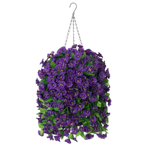 Image of Ammyoo Artificial Faux Hanging Flowers Basket for Spring Outdoor Decor