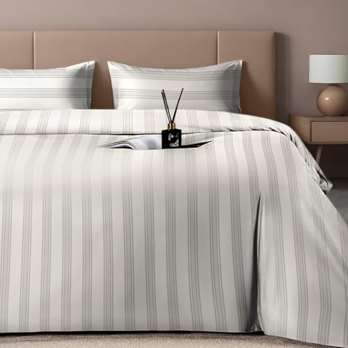 Image of Sassoon Artemis Italian Jacquard Weave Sateen Cotton Bedsheet - 400 TC, Cotton, Stripe Design, King Size (108 x 108 inches), Color: Ivory, Soft, Breathable, - 1 Bedsheet + 2 Pillow Covers