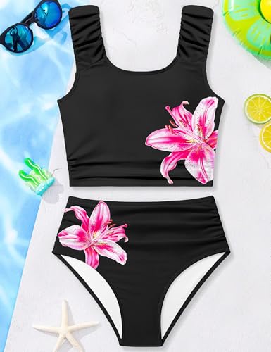 Image of Girls Tankini Swimsuit 2 Piece Bathing Suit Twist Cross Back Cutout Swim Tank Top Floral Print Swimwear for 7-18Y