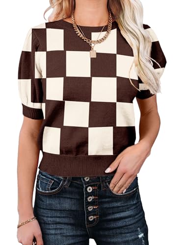 Image of Womens Puff Short Sleeve Sweater Tops Crewneck Basic Knit Pullover Lightweight Casual Sweaters