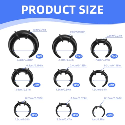 18 Pcs Acrylic Septum Rings, Black C Shape Pincher Tapers Septum Ring Nose Gauge Stretching Kit for Nose Ear Gauges Size 14G 12G 10G 8G 6G 4G 2G 0G 00G2