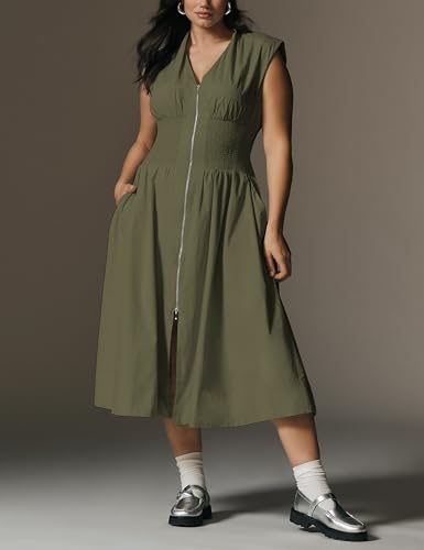 Women Sleeveless Midi Dress Summer Casual V Neck Zip Front Smocked Shirt Dress with Pockets4