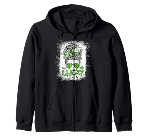 One Lucky Mama St Patricks Day Messy Bun Leopard Shamrock Zip Hoodie
