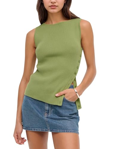 Ythomm Womens Asymmetrical Side-Button Slit Tank Tops Sleeveless Boat Neck Ribbed Knit Sweater Vest Solid Slim Going Out Tops