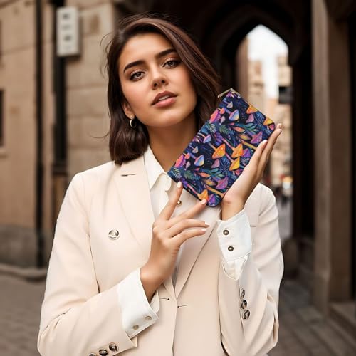 Colorful Mushroom Print Wallet Women, Leather Bifold Multi Card Wallet, Long Purse Women's Wallets 6