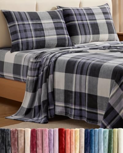 Image of Fleece Sheets Cal King Size Set - 4-Piece Flannel Sheet Set - Grey Tartan