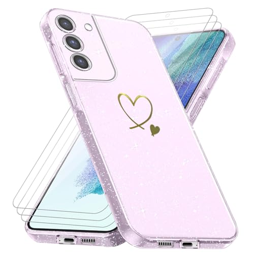 Funda Compatible con Samsung Galaxy S21 FE 5G (No para S21), con 3 Piezas Vidrio Templado Protector de Pantalla, Anti-caída y Antihuellas Carcasa, Suave y Purpurina Caso - Transparente