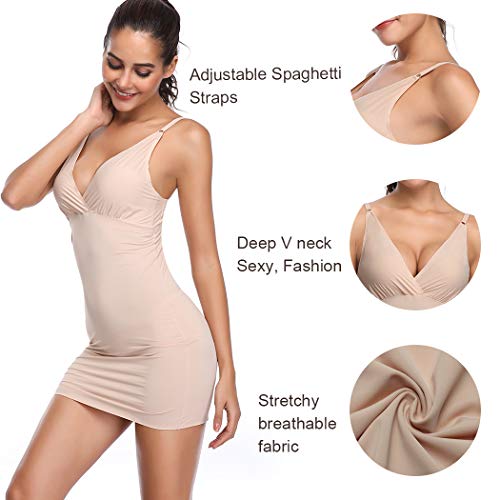 Joyshaper Full Slips For Under Dresses Women Full Body Shaping Control Slip V Neck Adjustable Spaghetti Straps Long Nightgown (Beige-Upgraded, Medium) #TOP2