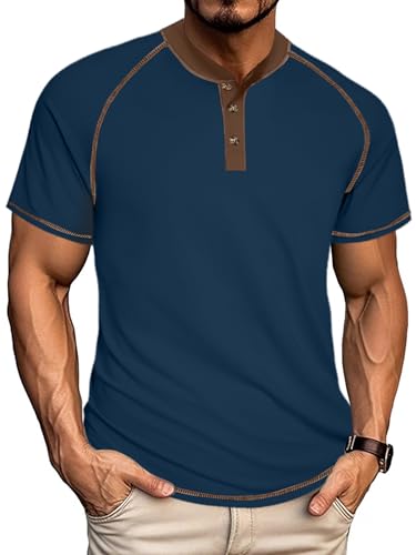 UOUA Mens Short Sleeve Henley Shirts Casual Comfortable Cotton T-Shirt Raglan Sleeve Summer Vintage Button Tops