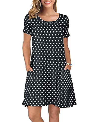 KORSIS Summer Dresses for Women Polka Dot Black X-Large Casual T Shirt Dress Short Sleeve Swing Flowy Ladies Beach Vacation Sundress with Pockets