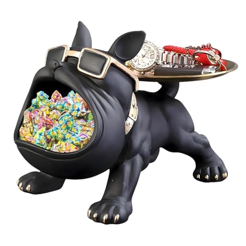 Image of Cool Bulldog Key Bowl & Accessory Tray - Matte Black & Gold Resin Dog Sculpture Multifunctional Organizer Showpiece for Keys Watches & Candy (Black & Gold, Dog with Tail Plate)