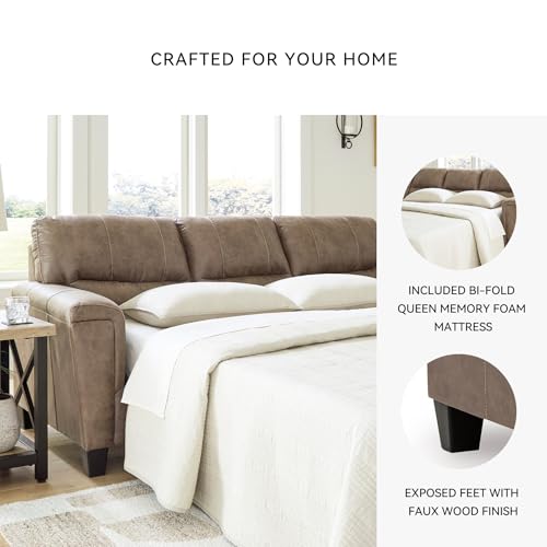 Image of Signature Design by Ashley Navi Queen Sleeper Sofa, Modern Pull Out Couch with Bi-Fold Memory Foam Mattress, Easy-Clean Faux Leather Upholstery for Living Room or Guest Spaces, 89 inch W, Fossil