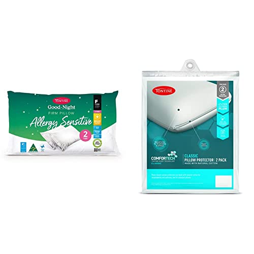 Tontine Goodnight Allergy Sensitive Firm Pillow, 2 Pack & Comfortech Classic Pillow Protector Duo Pack, Standard Pillow Protector, Natural Cotton for Excellent Breathability and Softness, Zip Closure