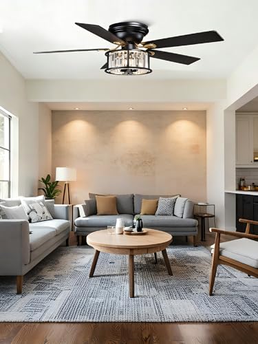 Image of 52 Inch Flush Mount Chandelier Ceiling Fan with Lights Rustic Ceiling Fan Low Profile Farmhouse Fandelier Chandelier Light for Bedroom Living Room, 3 E26 Bulbs (1)