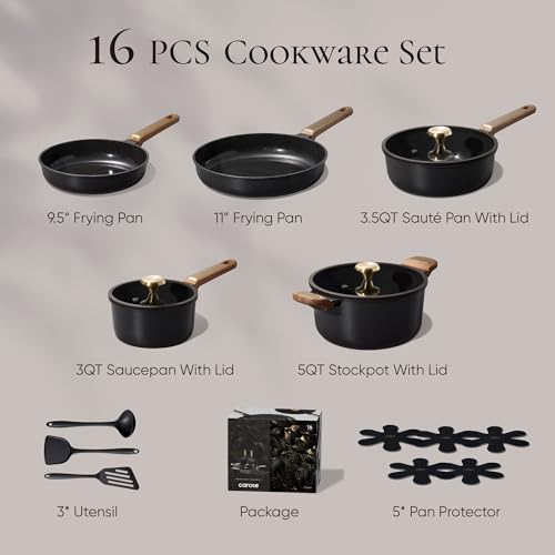 Image of CAROTE Ceramic Cookware Set Nonstick, 16pcs Pots and Pans Set Nonstick, Non-Toxic & PFAS-Free, Dishwasher, RV /Camping Cookware Set, Cooking Pots with Lids, Charcoal Black