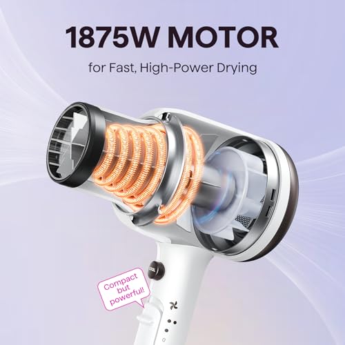 Wavytalk Hair Dryer, Blown Away Ionic Hair Dryer for Curly Hair with Diffuser, 1875W Fast Drying Blow Dryer with Ceramic Technology, 3 Attachments for All Hair Types, Light and Quiet, White
