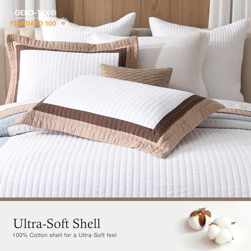 QuiltMuse Farmhouse Bedspreads Queen Size 102"x120" - 100% Cotton Lightweight Oversized Queen Quilt Set with 2 Pillowshams, Country Plaid Botanical Quilted Bedding Cover for All Season, Beige/Khaki — view 3