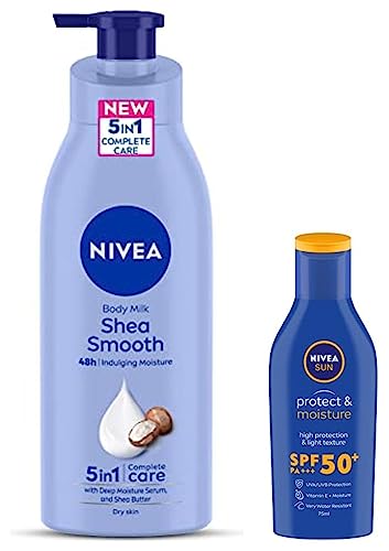 Image of NIVEA Body Lotion for Dry Skin, Shea Smooth, with Shea Butter, For Men & Women, 400 ml & NIVEA Sun Lotion, SPF 50, with UVA & UVB Protection, Water Resistant Sunscreen for Men & Women, 75 ml
