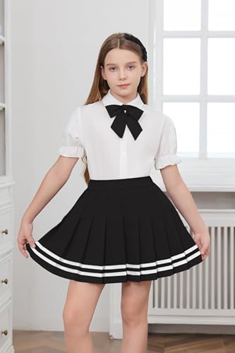 Image of Betusline Girls Skirt Set JK School Uniform 2-Piece Outfit - Short Sleeve Shirt with Bow & Webbing Style Solid Pleated Skirt,Webbing Black, 4-5 T = Tag 120