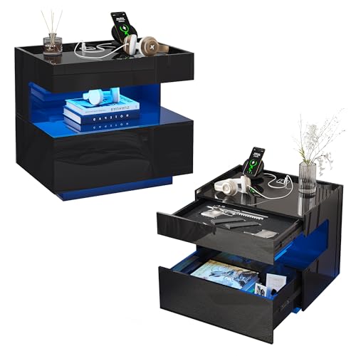 Image of HNEBC High‑Gloss LED Nightstand Set of 2 for Bedroom | Motion‑Sensor 3‑Color Lighting, Hidden Storage Compartment, Gun Drawers, USB, Type‑C & Wireless Charging Station-Black Night Stand Set 2
