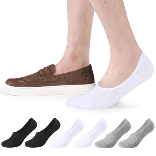 CLOSEMATE Mens Ultra-Low Cotton No Show Socks Invisible Hidden for Loafers with Non Slip Grips 6 Pairs