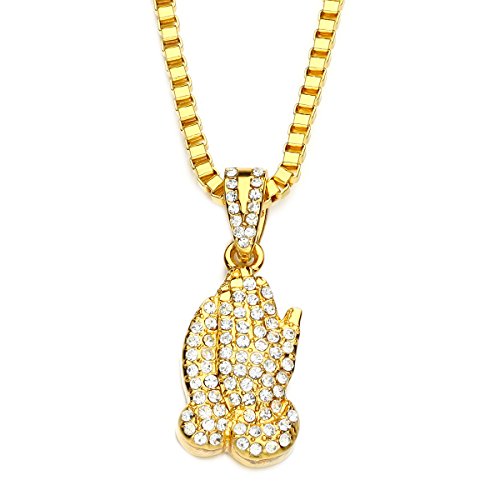 CharMen Jewelry Hip Hop Fully Iced Out CZ Angel Wing Prayer Jesus Piece Pendant Necklace, 24'' inch (Prayer Hand)
