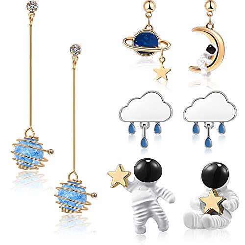 Hicarer 4 Pairs Space Earrings for Women Astronaut Stud Planet Star Moon Dangle Earrings Cute Cool Jewelry for Girls