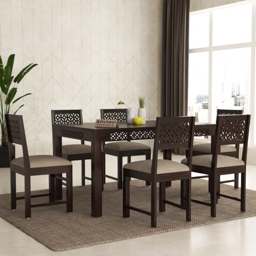 Image of Solid Sheesham Wood 6 Seater Dining Table Set with Cushioned Chairs for Dining Room | Living Room | Home & Office | Hotels Restaurant & Cafe (6 Seater, Walnut A)