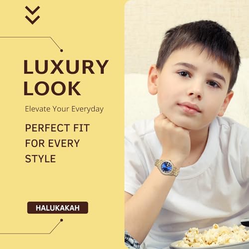 Image of Halukakah Diamonds Gold Watch Iced Out for Boy Teens Kids - 18K Real Gold /Platinum Plated,42mm Blue /Green /Red Dial,Japanese Quartz - 8 inch Length - Optional with Cuban Link Chain,with Watch Adjuster Tool
