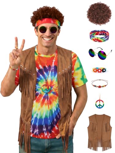 Treature 8Pcs Hippie Costume for men, 70s Outfits for Men with Top & Accessories for Theme Party,60s...