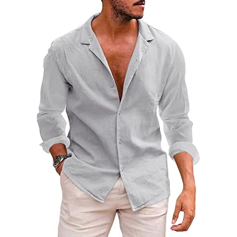 Mens Long Sleeve Button Down Linen Cotton Shirts Regular fit Casual Formal Beach Shirt Tops, Grey, XXL Cover