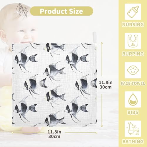 Image of vvfelixl Black and White Angelfish Baby Burp Cloths Baby Muslin Washcloths for Boys Girls Cotton Babys Face Towel for Newborn Infants Soft and Absorbent 11.8 X 11.8 in, 5 Pack