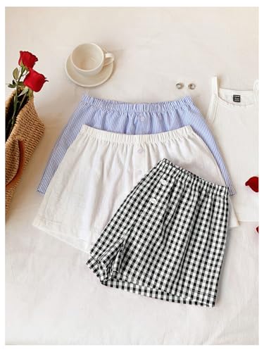 Image of MakeMeChic Women's 3 Pack Linen Shorts Gingham Striped Beach Shorts | Summer, Plaid, Cover Up Shorts