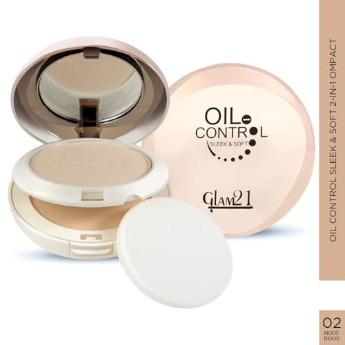 Image of Glam21 Oil Control Sleek & Soft 2-in-1 Compact Powder | Sweat & Waterproof | Long-Lasting Matte Makeup | Enriched with Vitamins E & C | Shine-Free Finish | 18gm, Nude Beige-02