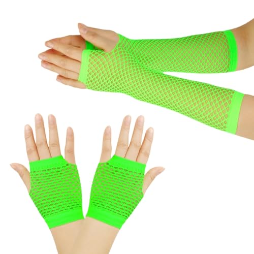 BGMINGYI 2 Pairs Girls Fingerless Fishnet Gloves Womens Stretch Mesh Gloves For 80s Costume Theme Party Cosplay Accessories (Green, One Size)