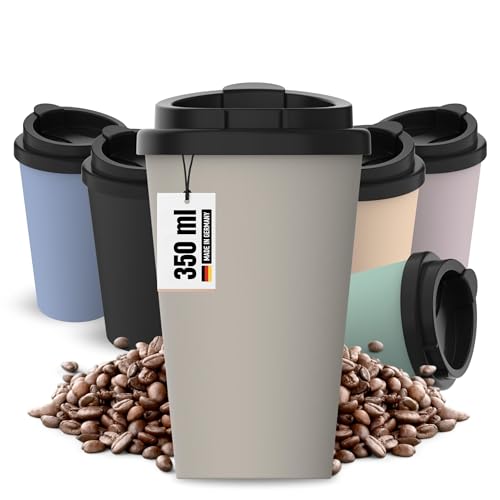 Uakeii Gobelet isotherme pour café à emporter, en plastique biologique, 350 ml, sans BPA et 100 % recyclable, fabriqué en Allemagne, avec couvercle, pour le bureau, la voiture, l'école, etc. (noisette