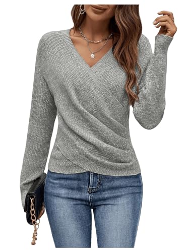 Image of SOLY HUX Women's V Neck Long Sleeve Off Shoulder Sweaters Criss Cross Wrap Ruched Pullover Fall Tops