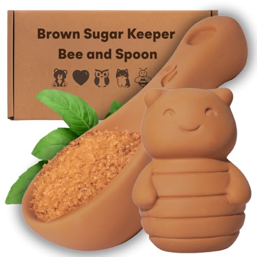 Image of Sifri 3D Brown Sugar Keeper 2-in-1 Set - Terracotta Clay Bee & Spoon Saver Softener - Cute Kitchen Storage & Freshness Holder for Sugar - Gift for Bakers (1, Bee and Spoon)