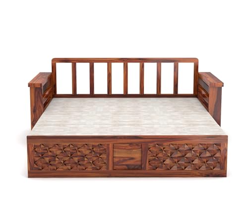 Image of Solid Wood Sofa Cum Bed for Living Room | Wooden Pull-Out Sofa Bed with Carved Front Design | Modern 3 Seater Convertible Diwan Bed for Home & Guest Room (Honey Finish)