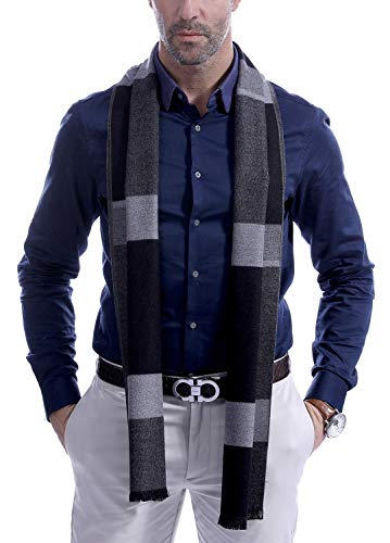 Men's Scarves, Fashion Cashmere feel Winter Scarves for Men Long with Tassels - Gray Black Plaid