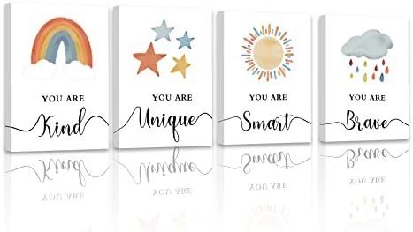 PHOPAGO Ladies Room Decor Colourful Framed Wall Artwork – Inspirational Wall Decor for Child Nursery Playroom Bed room Rainbow Decor Set of 4, 8×10 inch (WOODEN FRAMED), pink boho